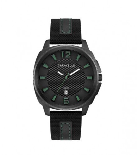 Caravelle by Bulova Mens 45B155 Black IP Stainless Carbon-Fiber Accent Dial Black Nylon Leather Strap Watch