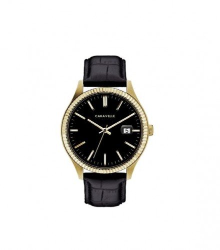 Caravelle Designed by Bulova Men's 44B118 Gold-Tone Stainless Black Leather Strap Watch