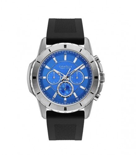 Caravelle Men's 43A138 Stainless Chrono Blue Dial Silicone Strap Watch - Black