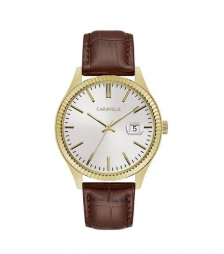 Caravelle Designed by Bulova Men's 44B115 Gold-Tone Stainless Coin-Edge Bezel Brown Leather Strap Watch