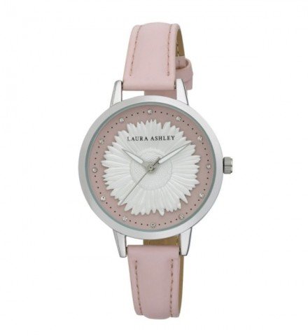 Laura Ashley Womens Silver Round "Sunflower" Dial Strap Watch