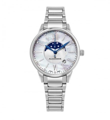 Alexander Women's Swiss Made Moonphase Vassilis Stainless Steel Link Bracelet Watch
