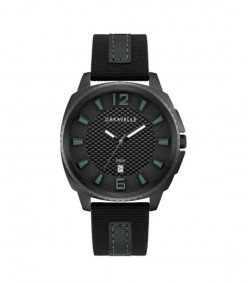 Caravelle by Bulova Mens 45B155 Black IP Stainless Carbon-Fiber Accent Dial Black Nylon Leather Strap Watch