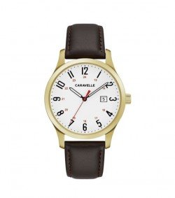 Caravelle Designed by Bulova Men's 44B116 Easy Reader Goldtone Stainless Brown Leather Strap Watch