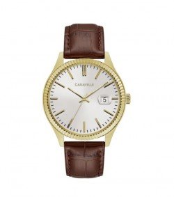 Caravelle Designed by Bulova Men's 44B115 Gold-Tone Stainless Coin-Edge Bezel Brown Leather Strap Watch