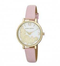 Laura Ashley Womens Gold Round Floral Bounty Strap Watch