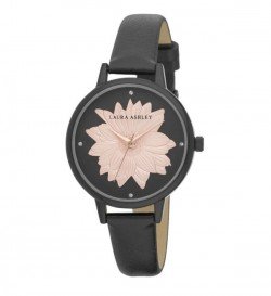 Laura Ashley Womens Black Round "Flower" Dial Strap Watch
