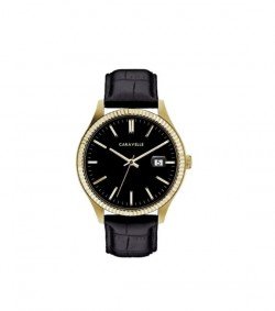 Caravelle Designed by Bulova Men's 44B118 Gold-Tone Stainless Black Leather Strap Watch