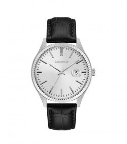 Caravelle Designed by Bulova Men's 43B150 Stainless Coin Edge Bezel Black Leather Strap Watch